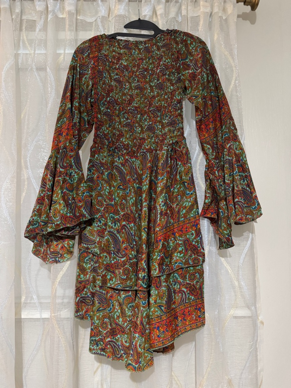 Paisley Tiered Bell-Sleeve Long Sleeve Dress in Multi Brown